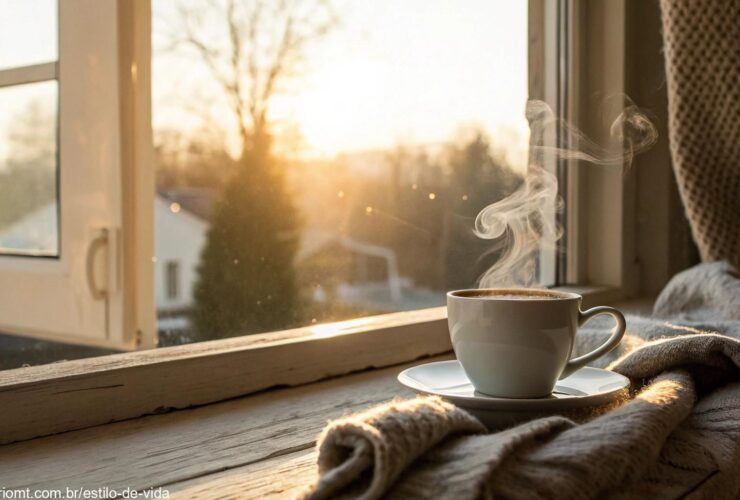 Imagem de uma cena de manhã tranquila com uma xícara de café e luz suave entrando pela janela, evocando uma sensação de carinho para um domingo.