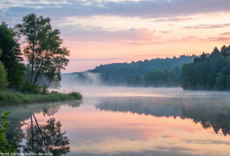 Nascer do sol tranquilo sobre um lago calmo com cores suaves no céu, cercado por névoa leve e árvores verdes exuberantes