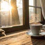 Imagem de uma manhã tranquila com luz suave, uma xícara de café em uma mesa de madeira e uma atmosfera aconchegante, refletindo carinho para uma manhã de quarta-feira.