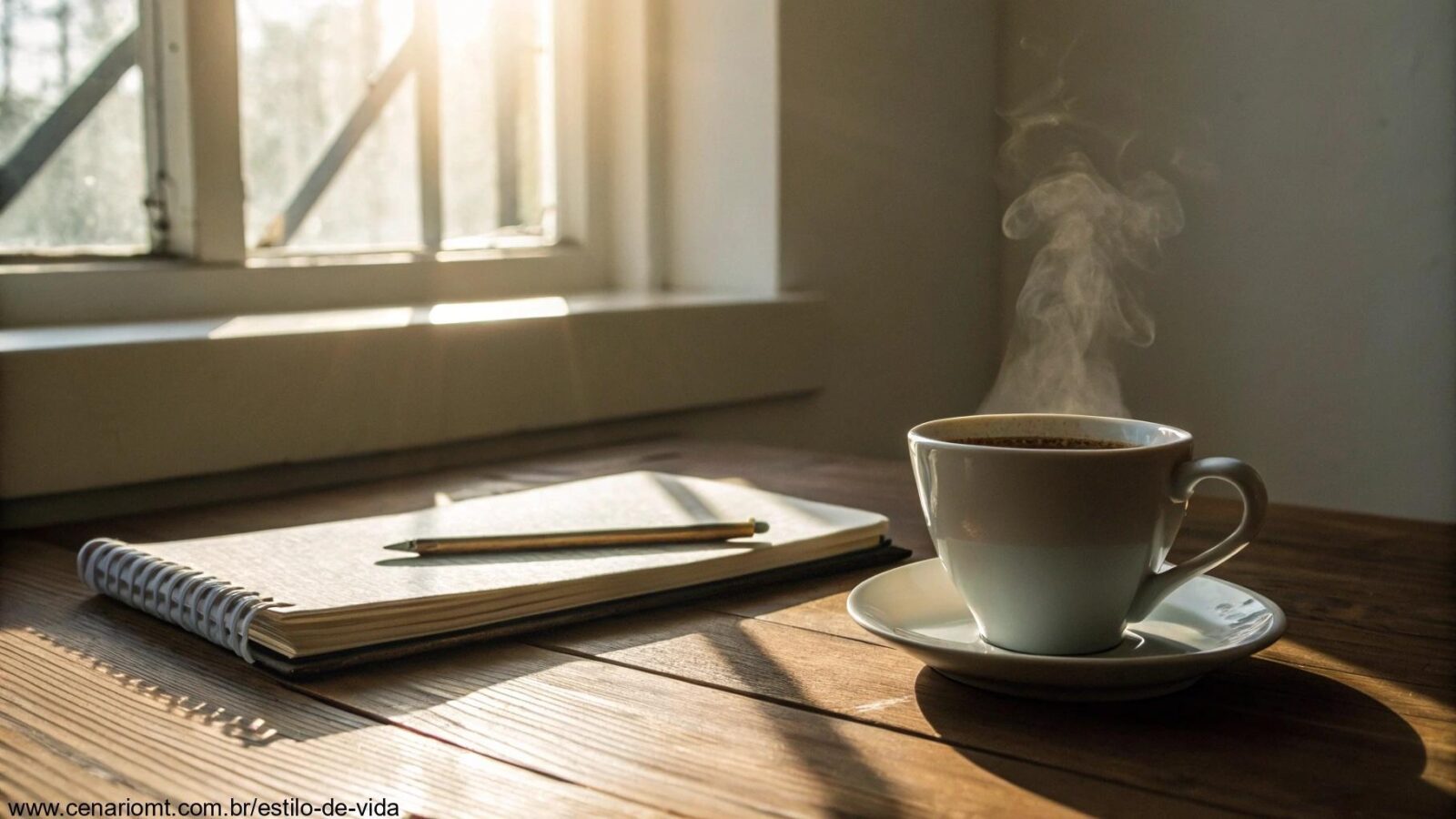 Cena tranquila de manhã com luz suave entrando pela janela e iluminando uma xícara de café e um caderno sobre a mesa de madeira.