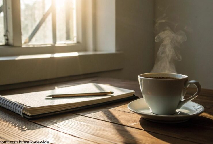 Cena tranquila de manhã com luz suave entrando pela janela e iluminando uma xícara de café e um caderno sobre a mesa de madeira.