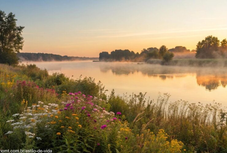 Nascer do sol tranquilo sobre um lago calmo com luz dourada suave, névoa matinal delicada, flores silvestres coloridas na margem, céu claro com tons pastéis quentes, atmosfera serena e inspiradora
