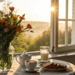Mesa de café da manhã acolhedora com luz do sol entrando pela janela em uma manhã de sábado