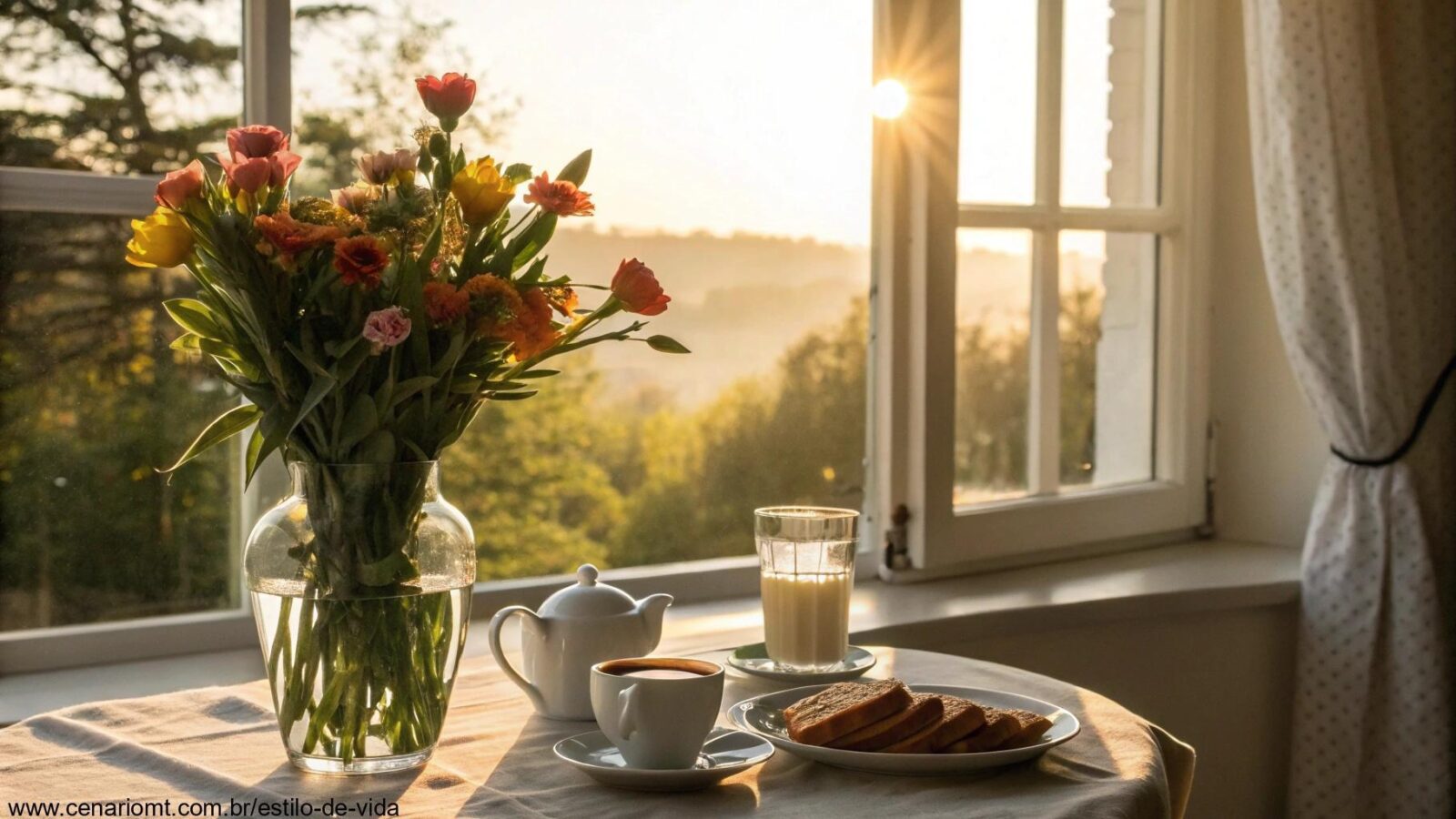 Mesa de café da manhã acolhedora com luz do sol entrando pela janela em uma manhã de sábado
