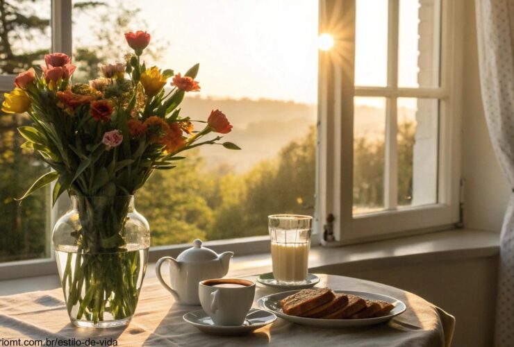 Mesa de café da manhã acolhedora com luz do sol entrando pela janela em uma manhã de sábado