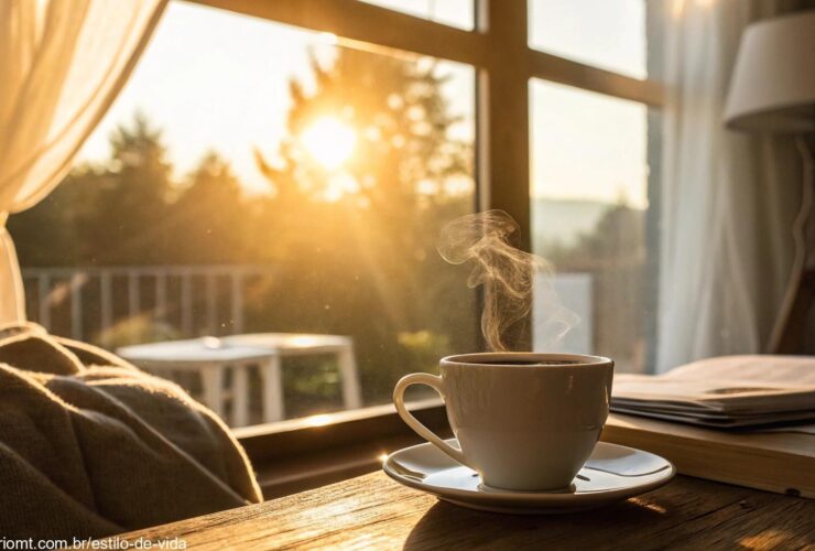 Uma cena tranquila e acolhedora com luz suave, uma xícara de café sobre a mesa e uma atmosfera de manhã serena, representando uma mensagem de carinho e atenção para o sábado, 10/05/2025