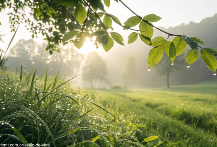 Cenário pacífico de manhã cedo com luz suave passando por folhas verdes, orvalho na grama, transmitindo uma atmosfera calma e acolhedora para um sábado