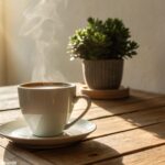 Cena tranquila de manhã com uma xícara de café iluminada pela luz suave do sol, uma planta ao fundo e um ambiente acolhedor para começar a segunda-feira com positividade.