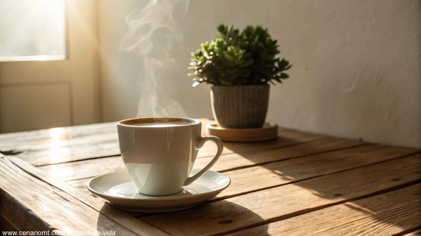 Cena tranquila de manhã com uma xícara de café iluminada pela luz suave do sol, uma planta ao fundo e um ambiente acolhedor para começar a segunda-feira com positividade.