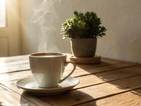 Cena tranquila de manhã com uma xícara de café iluminada pela luz suave do sol, uma planta ao fundo e um ambiente acolhedor para começar a segunda-feira com positividade.