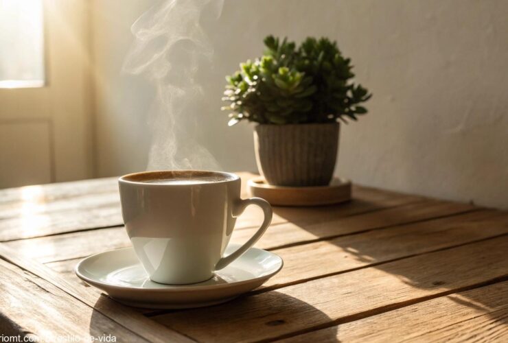 Cena tranquila de manhã com uma xícara de café iluminada pela luz suave do sol, uma planta ao fundo e um ambiente acolhedor para começar a segunda-feira com positividade.