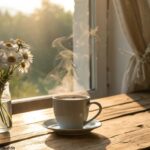 Cena tranquila de manhã com luz solar suave, uma xícara de café fumegante e margaridas frescas em um vaso pequeno
