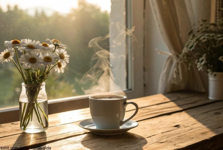 Cena tranquila de manhã com luz solar suave, uma xícara de café fumegante e margaridas frescas em um vaso pequeno
