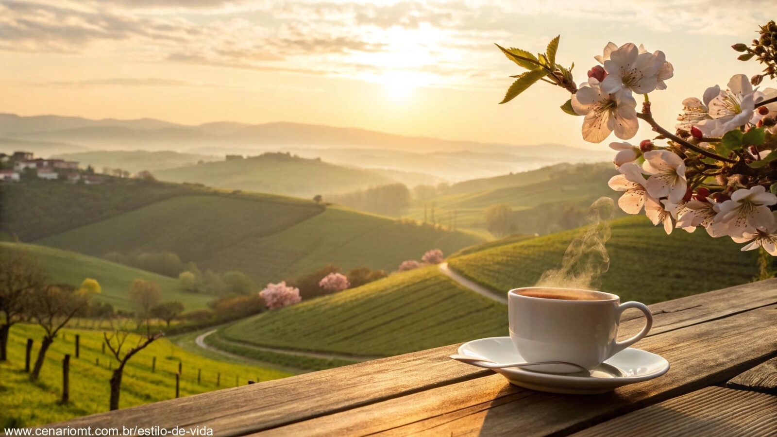 Imagem de bom dia com carinho para a sexta-feira 02 de maio de 2025, com um nascer do sol tranquilo no campo