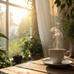 Cena tranquila de manhã com luz suave, uma xícara de café fumegante em uma mesa de madeira, cercada por plantas verdes e uma atmosfera aconchegante, ideal para uma mensagem de bom dia de carinho e positividade.