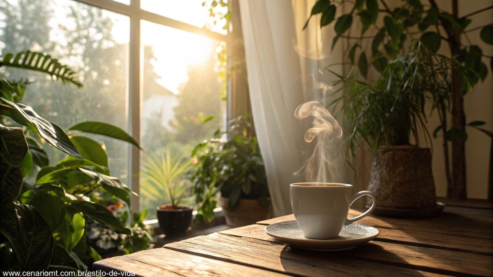Cena tranquila de manhã com luz suave, uma xícara de café fumegante em uma mesa de madeira, cercada por plantas verdes e uma atmosfera aconchegante, ideal para uma mensagem de bom dia de carinho e positividade.