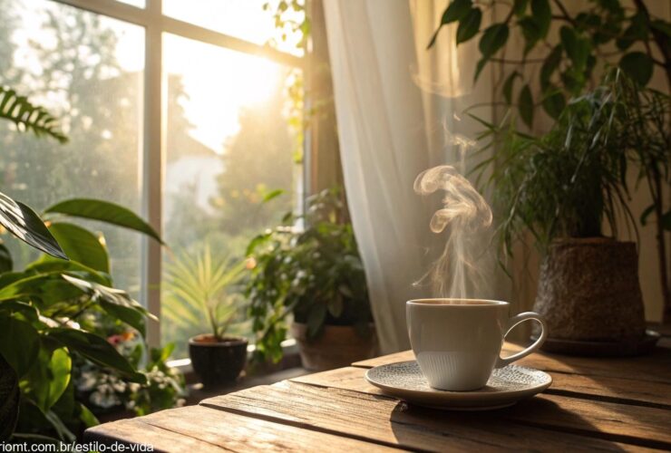 Cena tranquila de manhã com luz suave, uma xícara de café fumegante em uma mesa de madeira, cercada por plantas verdes e uma atmosfera aconchegante, ideal para uma mensagem de bom dia de carinho e positividade.