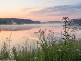 um nascer do sol sereno sobre um lago calmo com cores pastéis suaves, flores delicadas em primeiro plano e uma névoa suave subindo da água