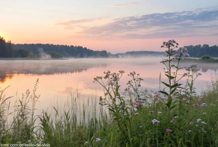 um nascer do sol sereno sobre um lago calmo com cores pastéis suaves, flores delicadas em primeiro plano e uma névoa suave subindo da água