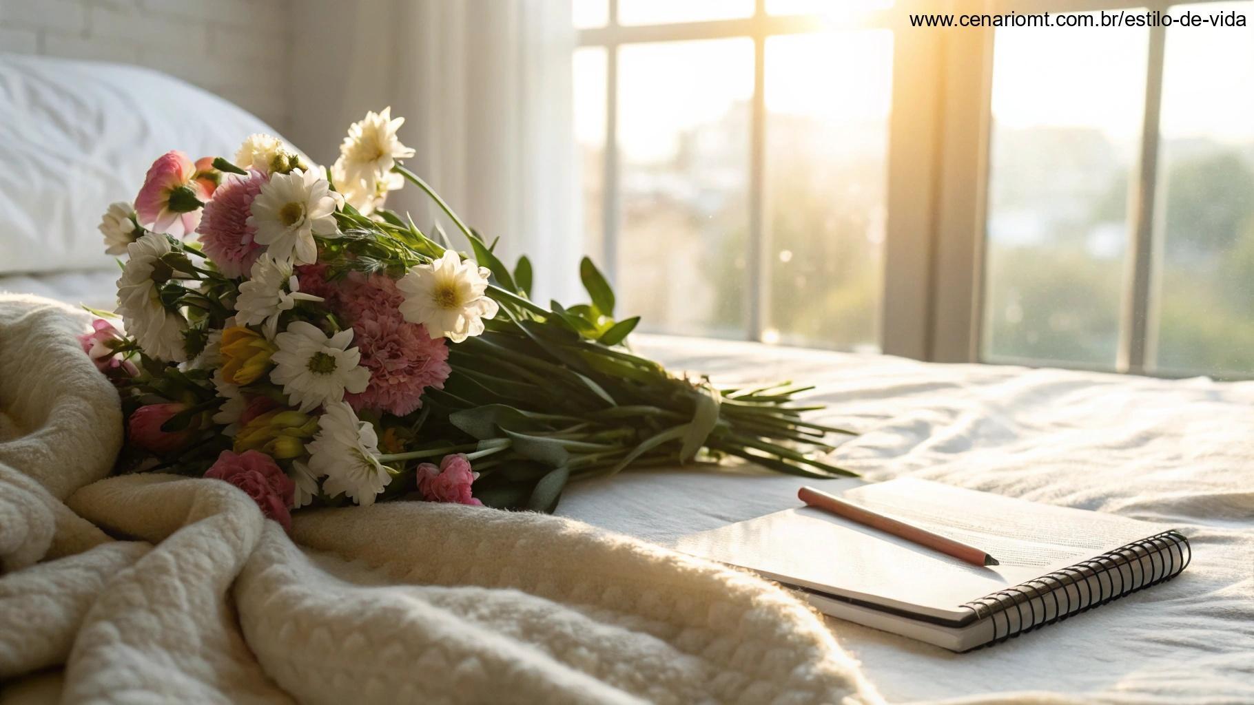 Cena iluminada e inspiradora de manhã com um buquê de flores frescas, um cobertor macio e um caderno em uma cama, proporcionando uma sensação de calor e paz, ideal para enviar uma mensagem de domingo no WhatsApp.