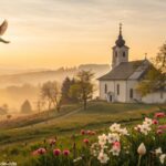 Paisagem de manhã de domingo com igreja campestre, luz do sol e pomba voando, simbolizando fé e esperança
