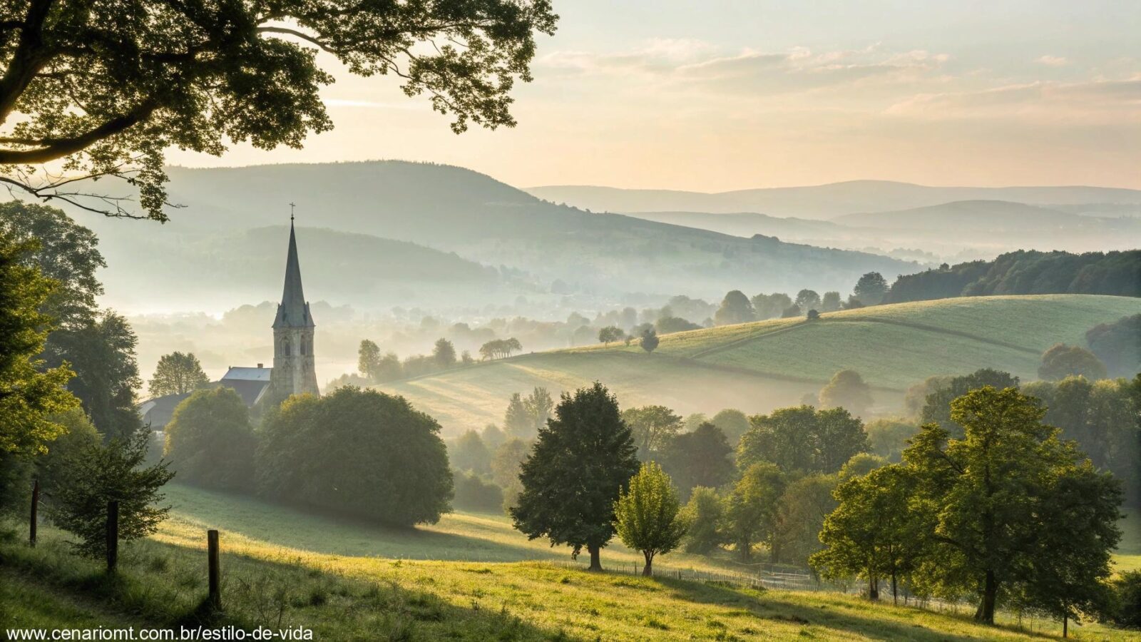 Uma manhã tranquila de domingo com luz suave filtrando através das árvores, uma paisagem serena com colinas suaves e um distante campanário de igreja.