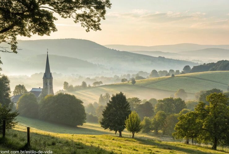 Uma manhã tranquila de domingo com luz suave filtrando através das árvores, uma paisagem serena com colinas suaves e um distante campanário de igreja.
