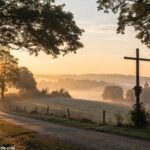 Imagem de um amanhecer tranquilo no campo com luz suave e uma cruz ao fundo, simbolizando fé e esperança