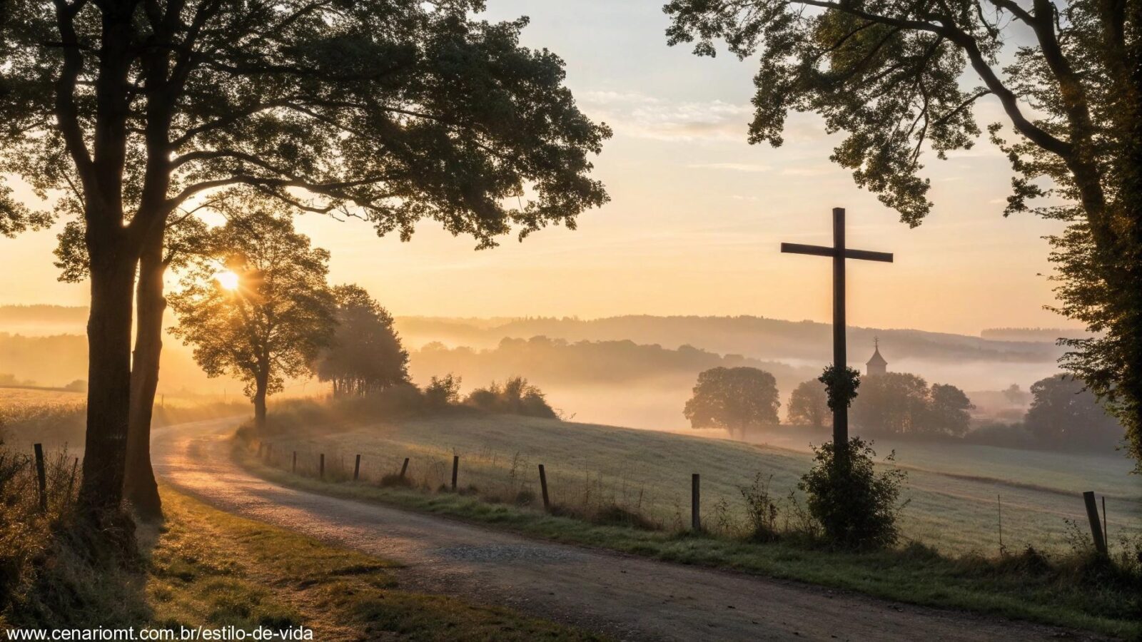 Imagem de um amanhecer tranquilo no campo com luz suave e uma cruz ao fundo, simbolizando fé e esperança