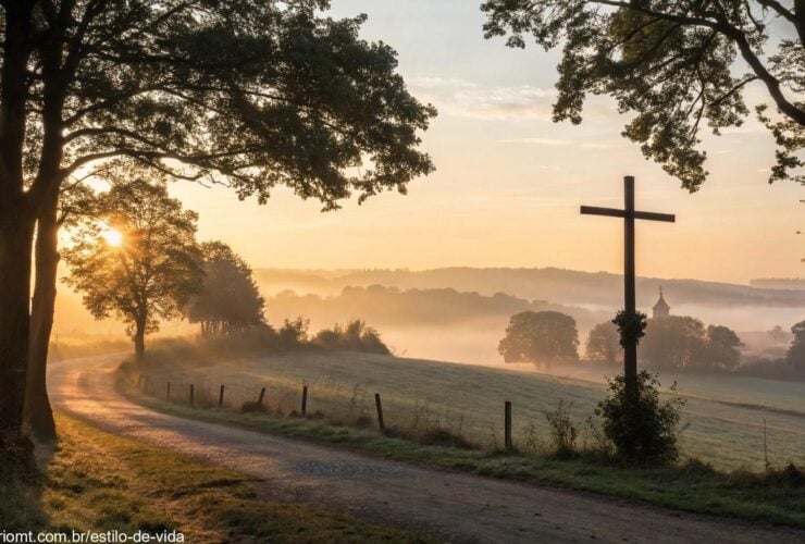 Imagem de um amanhecer tranquilo no campo com luz suave e uma cruz ao fundo, simbolizando fé e esperança