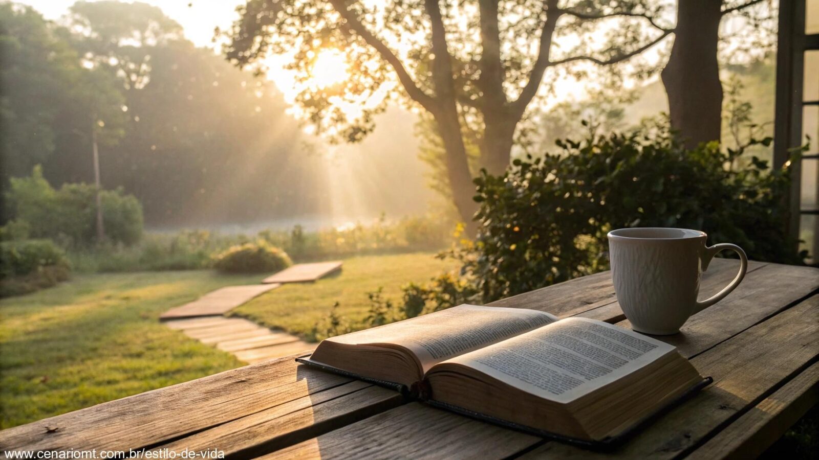 Cena serena de manhã com luz dourada suave através das árvores, uma Bíblia sobre uma mesa de madeira ao lado de uma xícara de café, simbolizando fé e esperança para começar a quarta-feira, 14 de maio de 2025