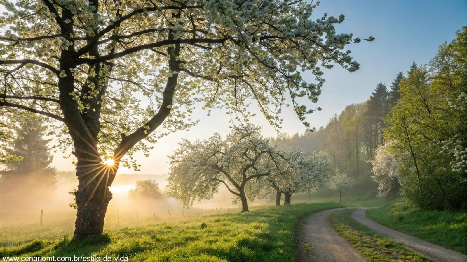 Imagem de manhã tranquila com luz suave filtrando pelas árvores, simbolizando um novo começo e esperança.