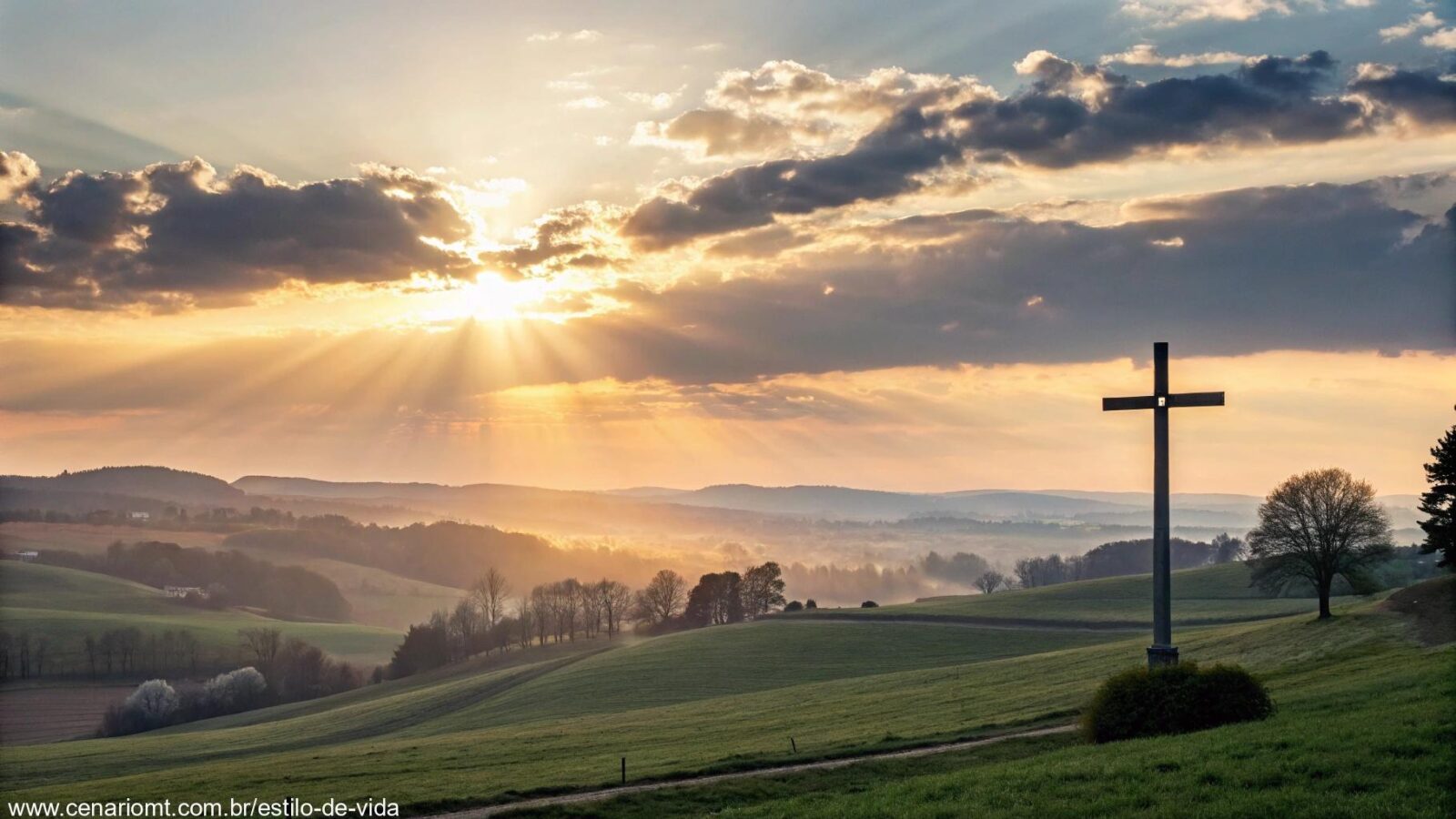 Imagem de um nascer do sol sobre o campo com uma cruz luminosa no céu, representando fé e esperança