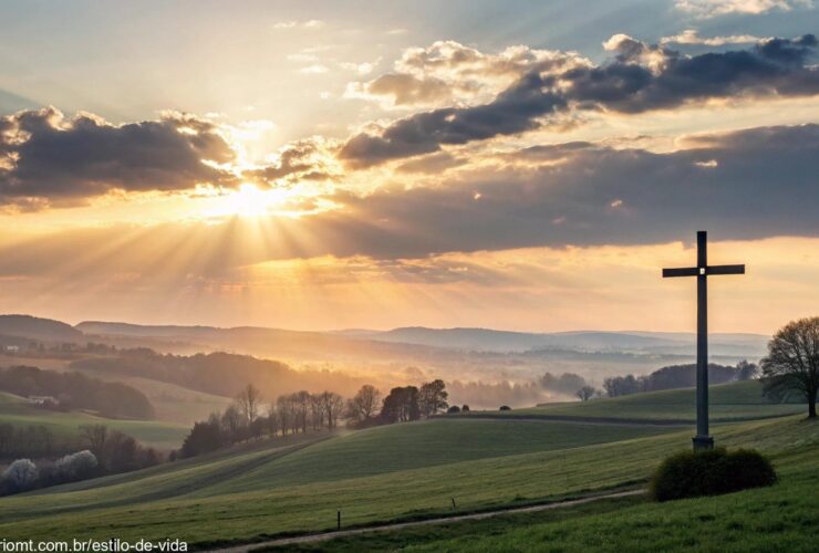 Imagem de um nascer do sol sobre o campo com uma cruz luminosa no céu, representando fé e esperança