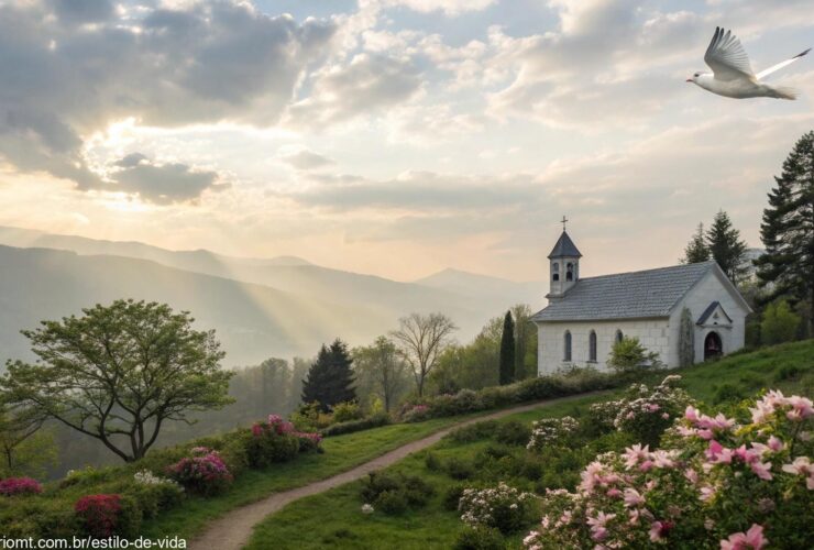 Paisagem serena de manhã com luz suave do sol entre nuvens, uma capela no campo cercada por flores e uma pomba voando, simbolizando paz e esperança em Deus.