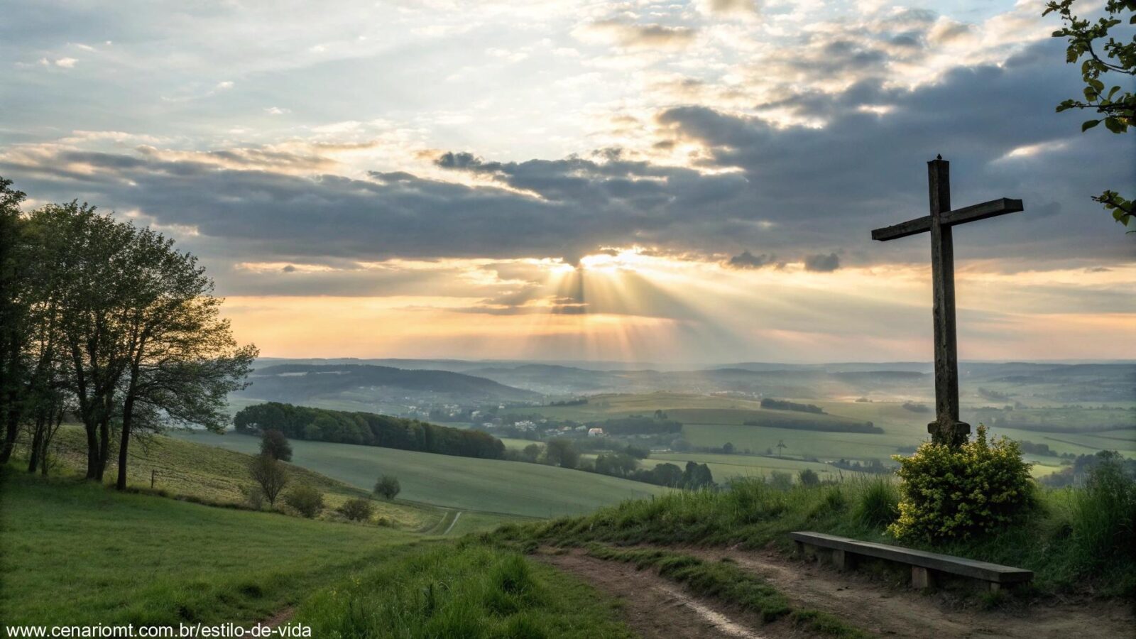 Paisagem ao amanhecer com cruz ao fundo representando fé e esperança