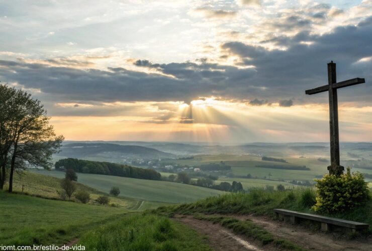 Paisagem ao amanhecer com cruz ao fundo representando fé e esperança