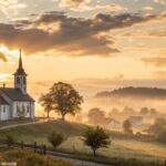 Amanhecer tranquilo com luz dourada sobre uma igreja no campo, simbolizando fé e esperança