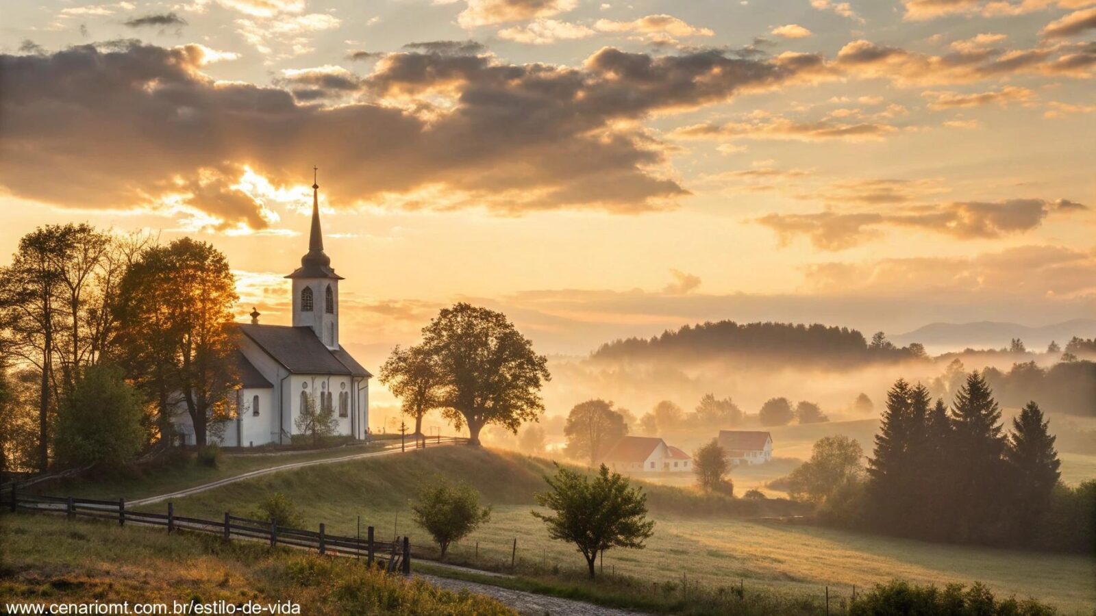 Amanhecer tranquilo com luz dourada sobre uma igreja no campo, simbolizando fé e esperança