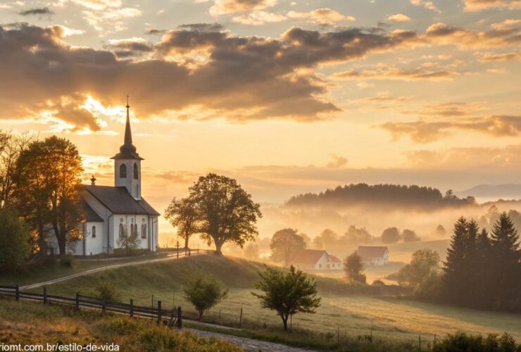 Amanhecer tranquilo com luz dourada sobre uma igreja no campo, simbolizando fé e esperança