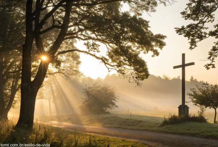 imagem de uma manhã tranquila com luz do sol, cruz rústica ao fundo e paisagem serena representando fé e esperança