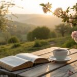Cenário de manhã tranquila com Bíblia, café e flores em um jardim sereno