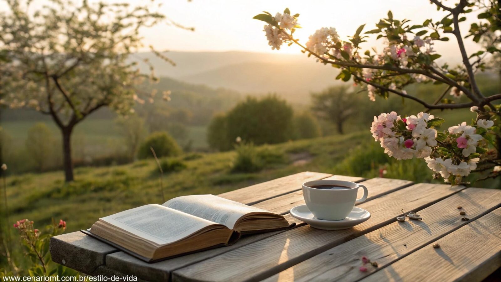 Cenário de manhã tranquila com Bíblia, café e flores em um jardim sereno