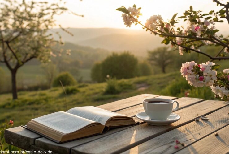 Cenário de manhã tranquila com Bíblia, café e flores em um jardim sereno