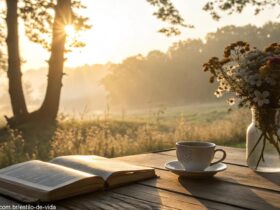 Paisagem de manhã tranquila com uma Bíblia sobre a mesa e uma xícara de café ao lado