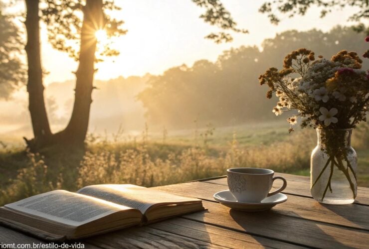 Paisagem de manhã tranquila com uma Bíblia sobre a mesa e uma xícara de café ao lado