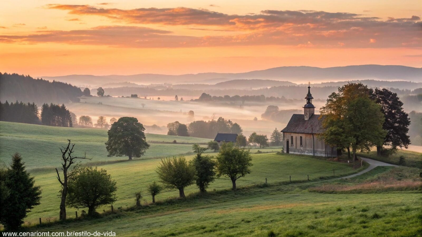 Paisagem tranquila com nascer do sol e uma igreja simples ao fundo, representando uma manhã de fé