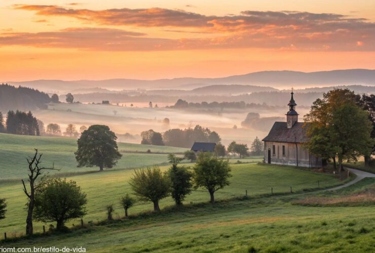 Paisagem tranquila com nascer do sol e uma igreja simples ao fundo, representando uma manhã de fé
