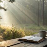 Imagem de uma manhã tranquila com luz suave atravessando uma floresta, uma Bíblia aberta sobre uma mesa de madeira e uma xícara de café ao lado, transmitindo inspiração e fé para começar bem a terça-feira 13/05/2025