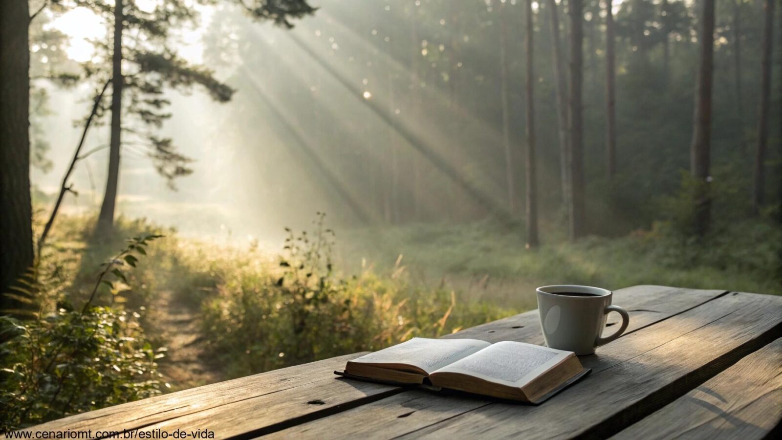 Imagem de uma manhã tranquila com luz suave atravessando uma floresta, uma Bíblia aberta sobre uma mesa de madeira e uma xícara de café ao lado, transmitindo inspiração e fé para começar bem a terça-feira 13/05/2025